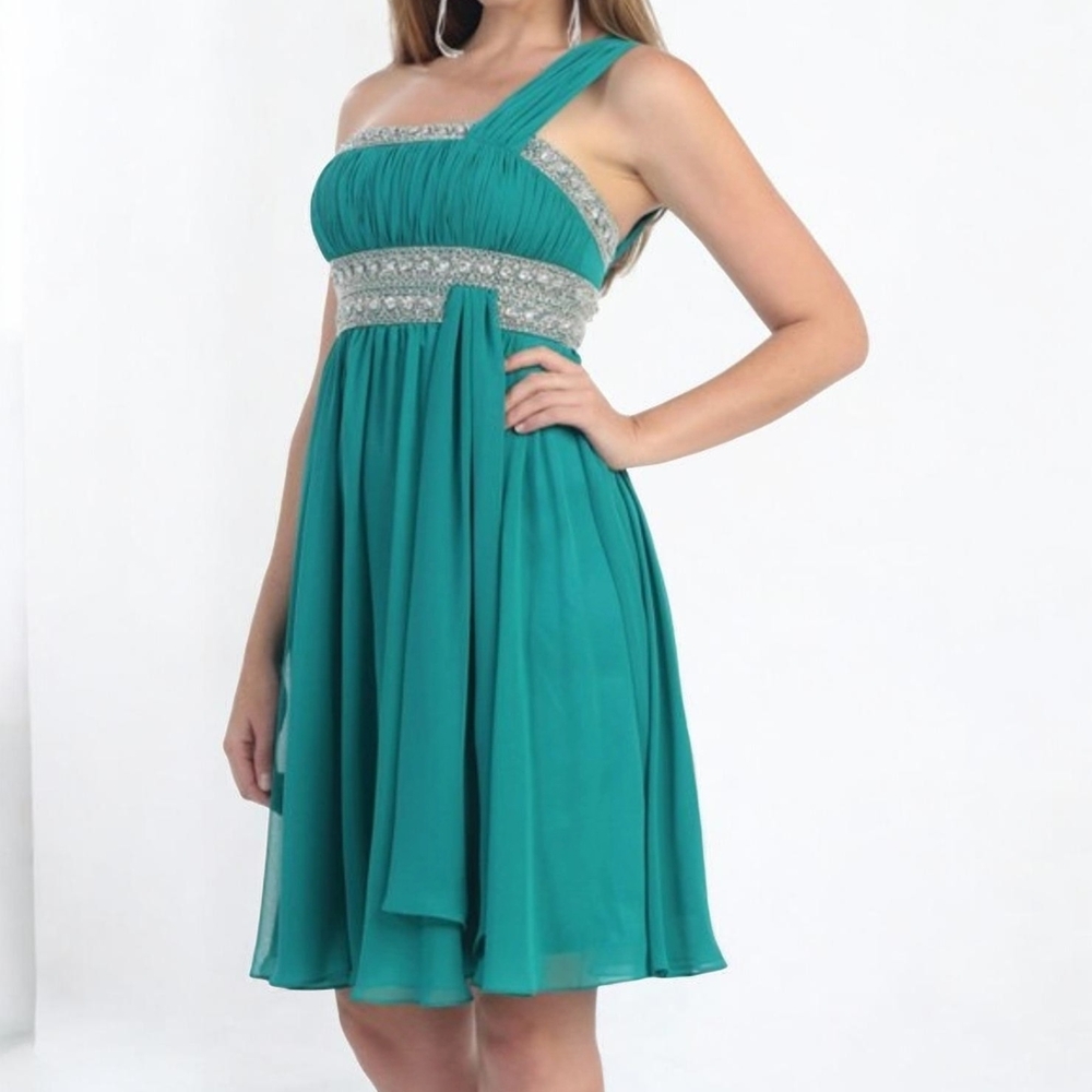 May Queen Teal One-Shoulder Chiffon Cocktail Dress with Silver Embellishment